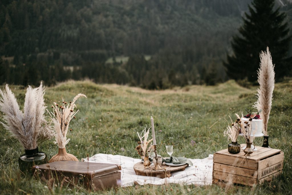 Heiratsantrag und Hochzeitspicknick in den Alpen